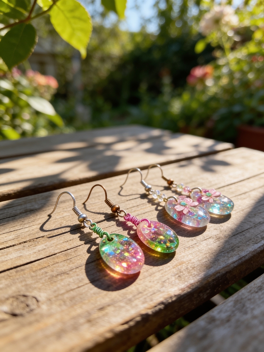 Handmade Pink And Green Resin Dangle Earrings - Dragonfly And Crystal Style